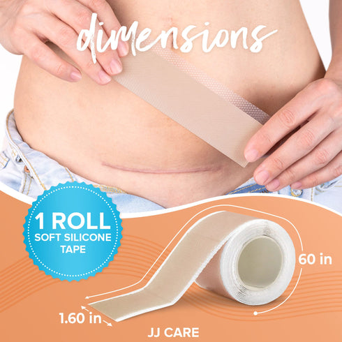 JJ CARE Soft Silicone Tape, 1.6” x 60” Flexible Silicone Scar Tape, Medical Grade Silicone Strips for Scars, Washable & Reusable Scar Tape for Surgical Scars, Latex-Free Scar Tape